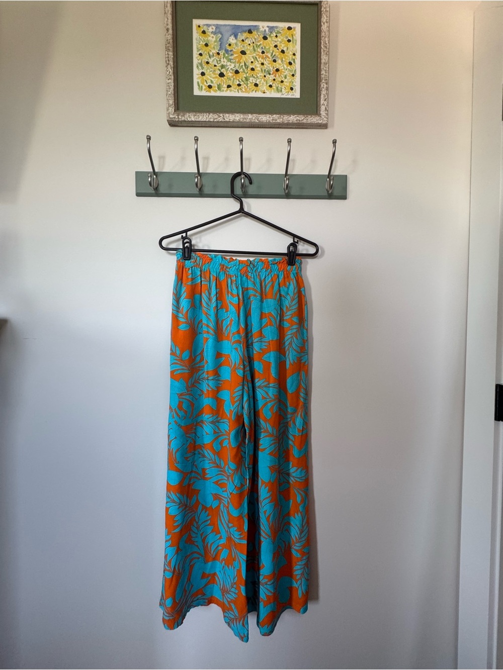 Wide-Leg Floral Pants in Orange & Turquoise - Lightweight Summer Style - Picture 2 of 5